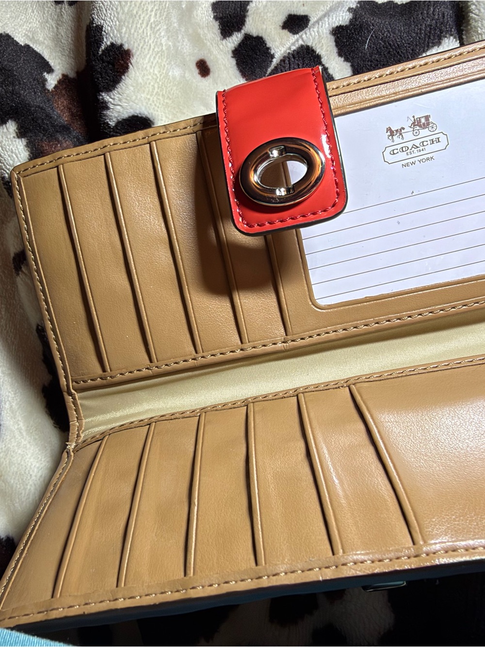 COACH Tan Leather Wallet with Red Snap Tab
